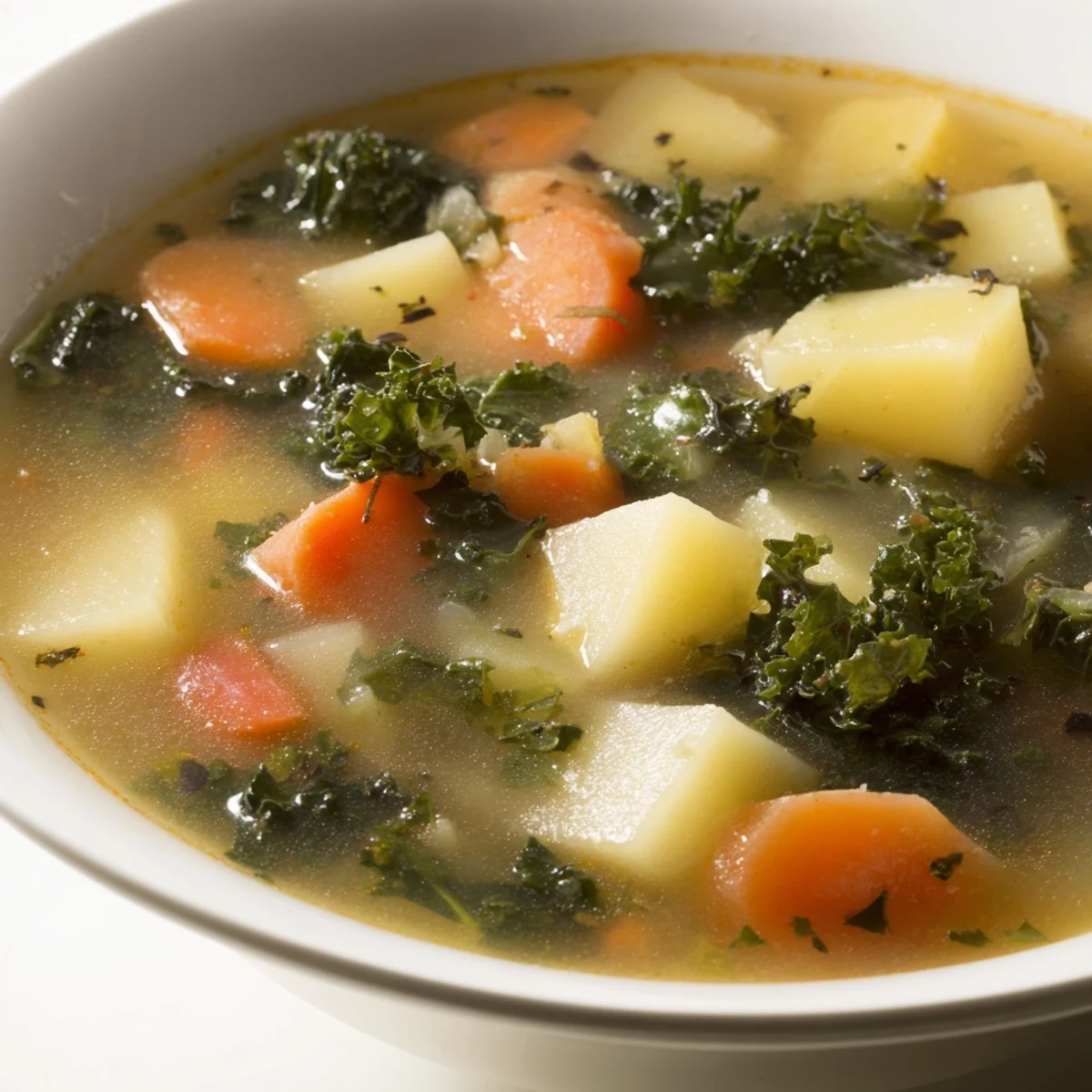 Close up shot of the flavorful Vegetarian Potato-Kale Soup, with tender vegetables and herbs.