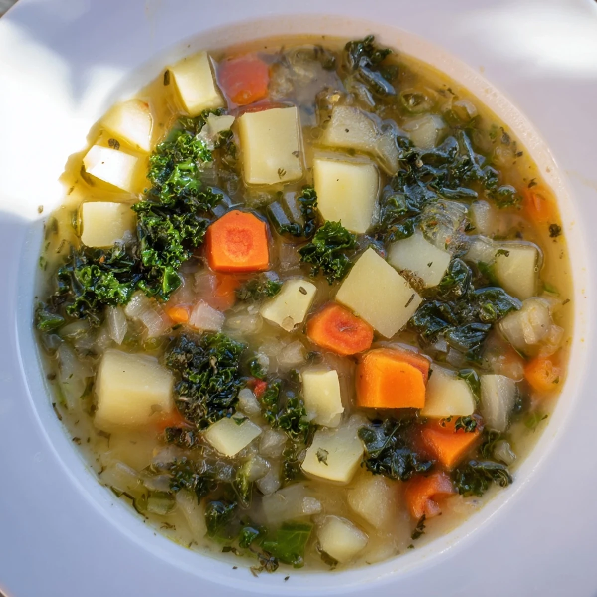 Hearty Vegetarian Potato-Kale Soup, a warming, comforting American soup recipe for any season.