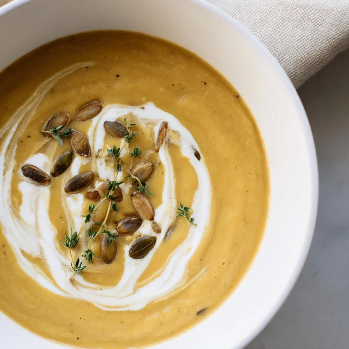 Golden-hued Creamy Roasted Acorn Squash Soup, perfectly smooth and garnished with pepitas and thyme leaves.