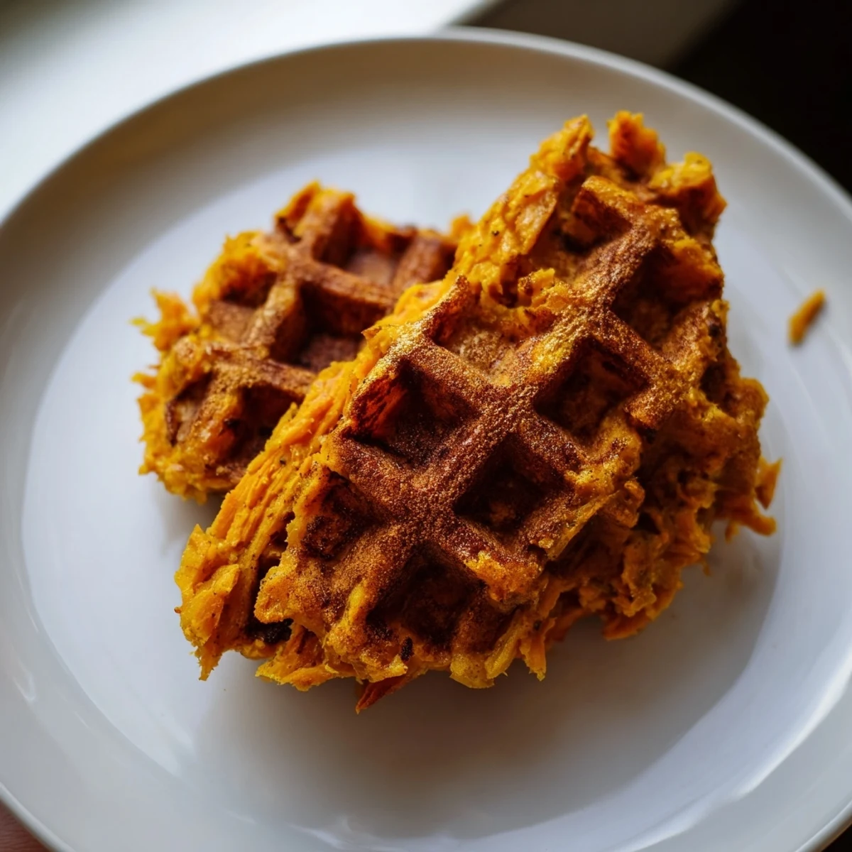 Golden-brown sweet potato waffles, crispy and fluffy, ready to be topped with fresh berries.