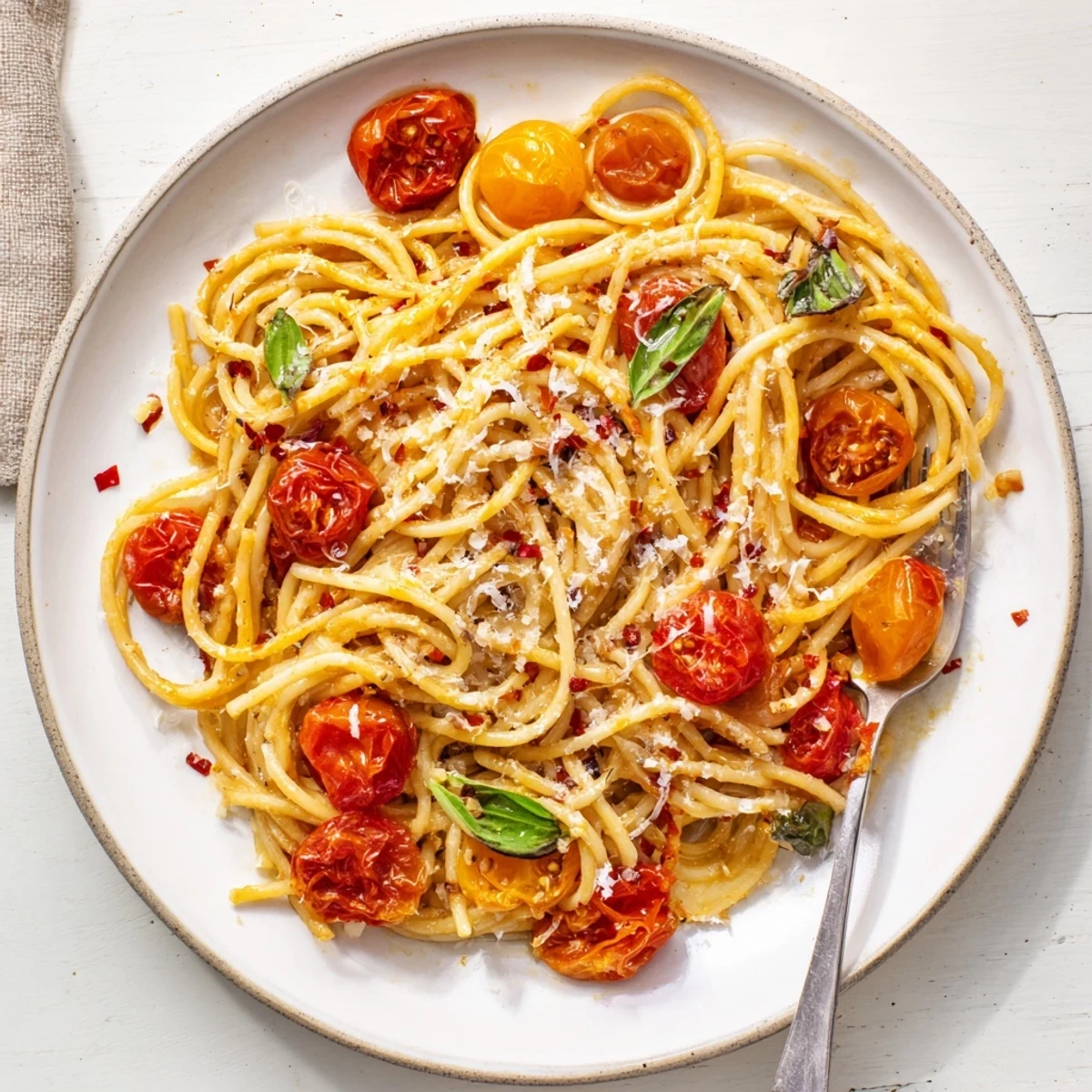 This easy, quick Lazy-Girl Pasta recipe showcases perfectly cooked spaghetti with a flavorful tomato sauce.