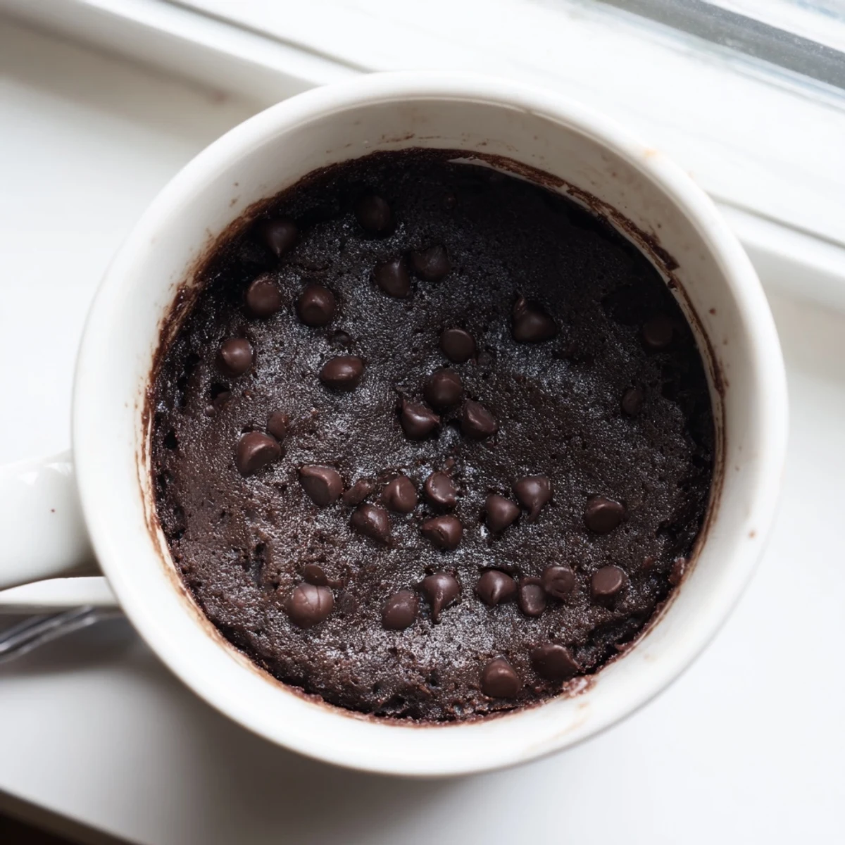 Steaming hot microwaved mug cake, ready to eat and topped with chocolate chips for dessert.