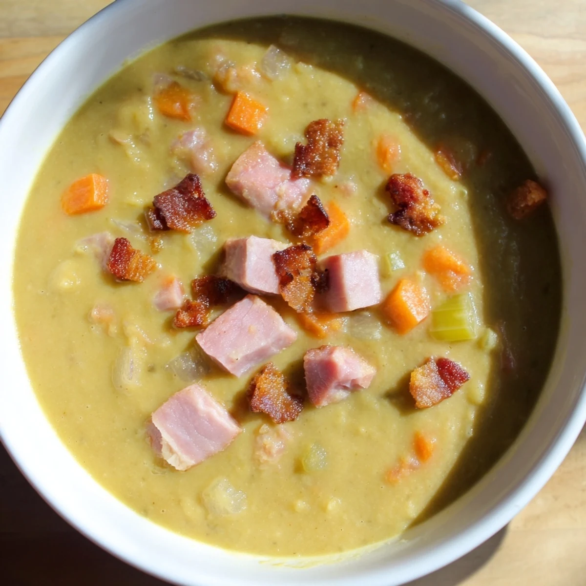 Creamy homemade split pea soup with ham, smelling of smoky bacon, is perfect comfort food.