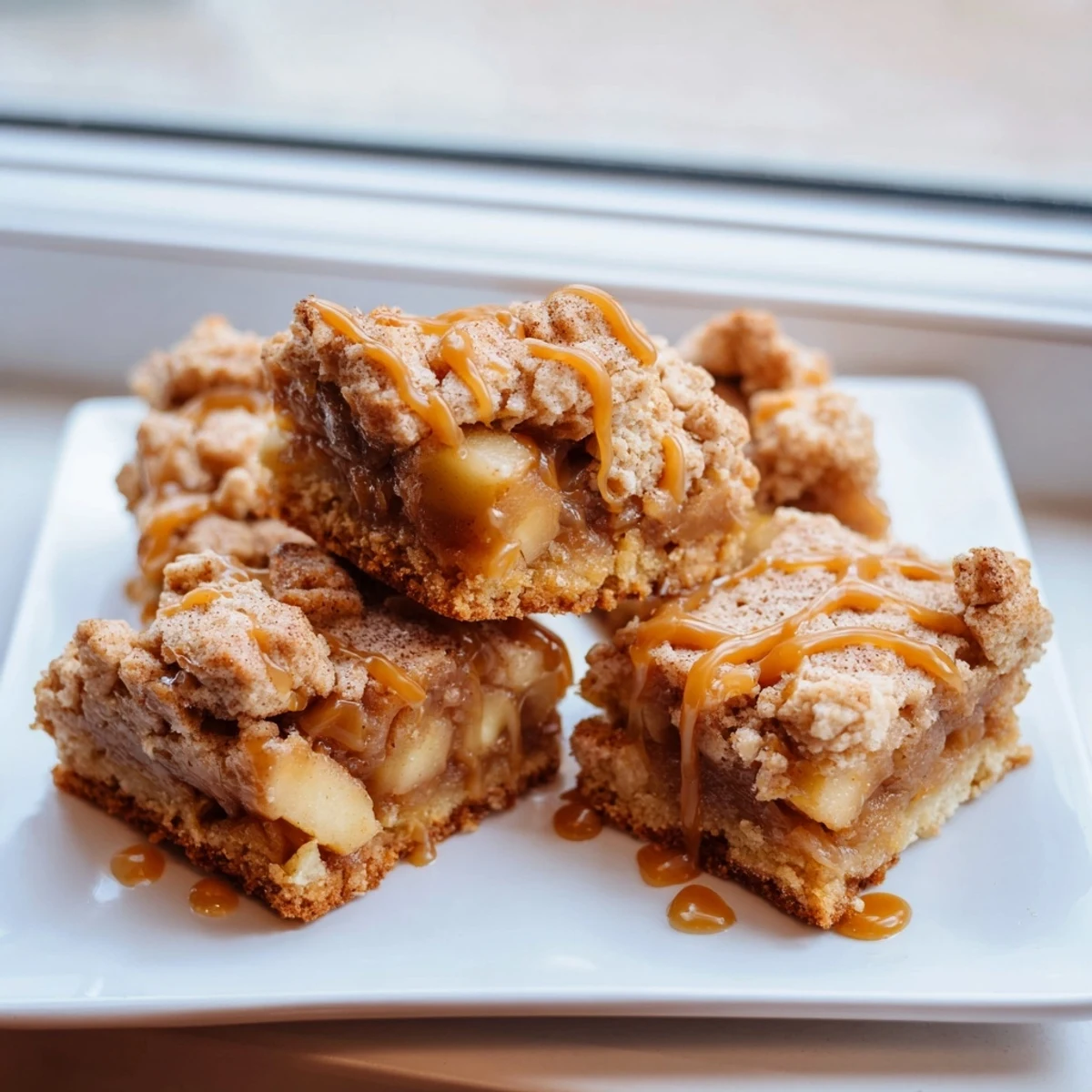 Close-up of freshly baked Caramel Apple Cookie Bars, drizzled with caramel sauce and ready to serve.