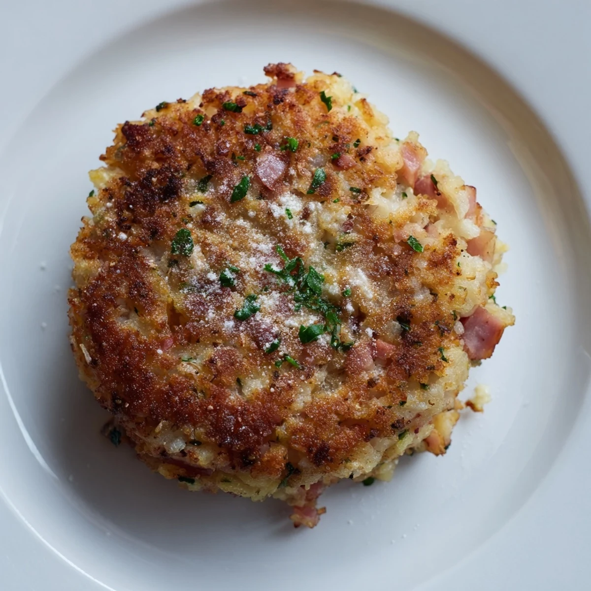 Golden-brown Depression-Era Ham & Potato Patties, crispy and savory, ready to be served hot.