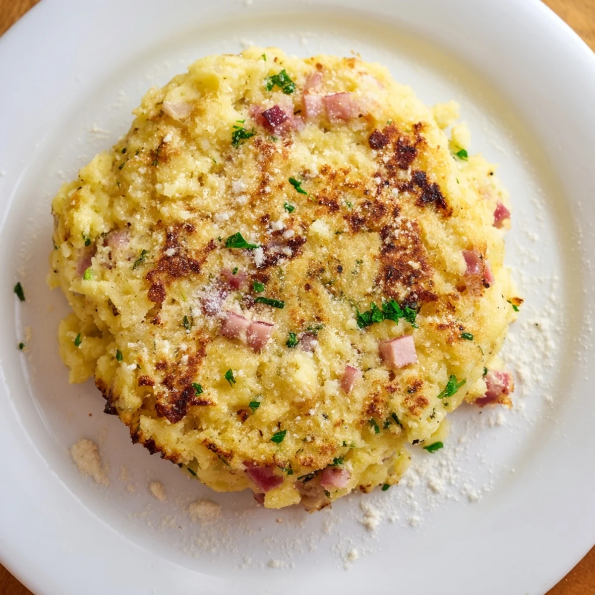 A close-up view of perfectly fried Depression-Era Ham & Potato Patties, a simple comfort food classic.
