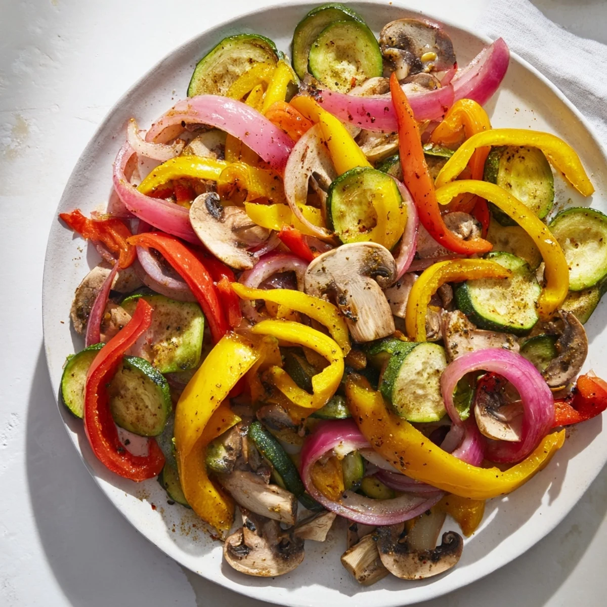 Freshly made Veggie Skillet Fajitas, loaded with tender vegetables, ready to be wrapped in a warm tortilla.