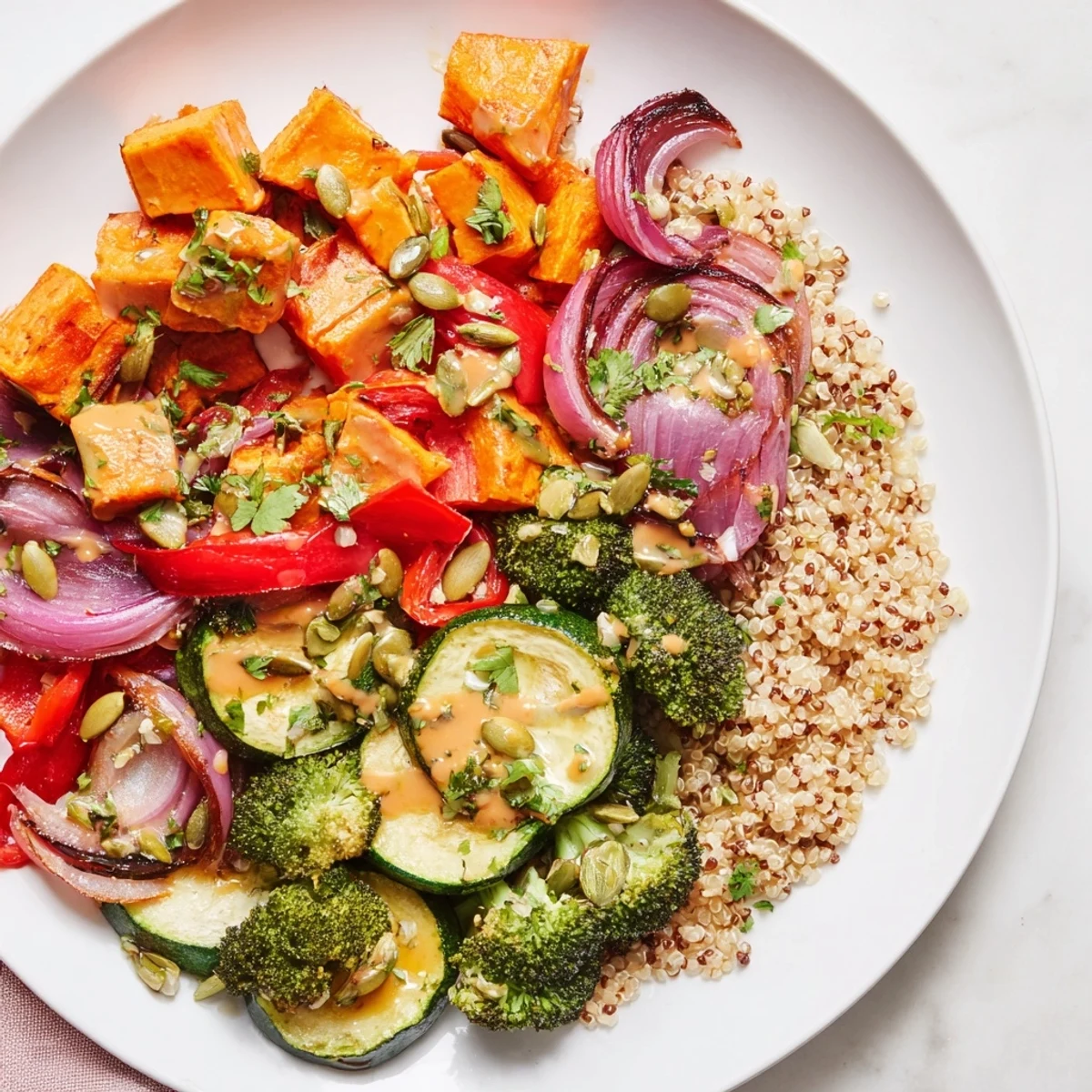 Golden quinoa bowl with roasted seasonal veggies, drizzled with creamy lemon-tahini dressing for a flavorful lunch.