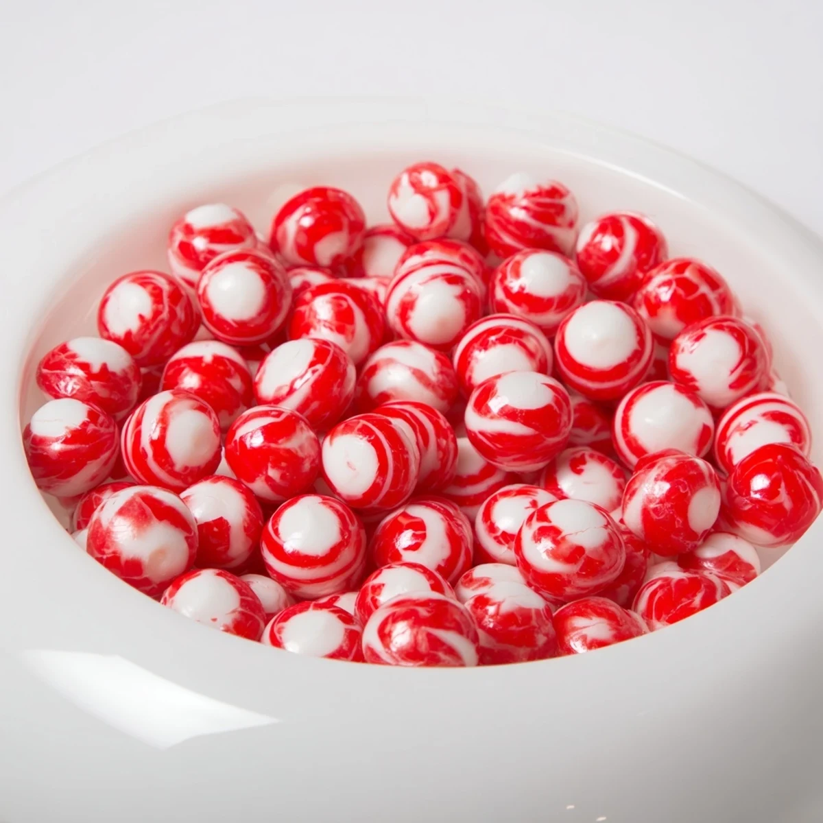 Shiny red and white No-Bake Peppermint Candy Bowl, perfect for serving festive holiday treats.