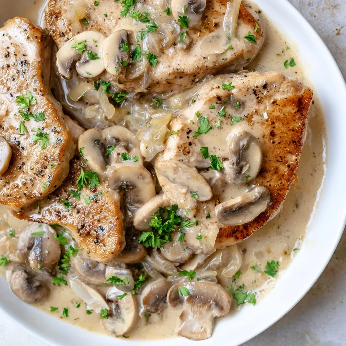 Golden seared stove top pork chops swimming in creamy mushroom sauce, ready for dinner.