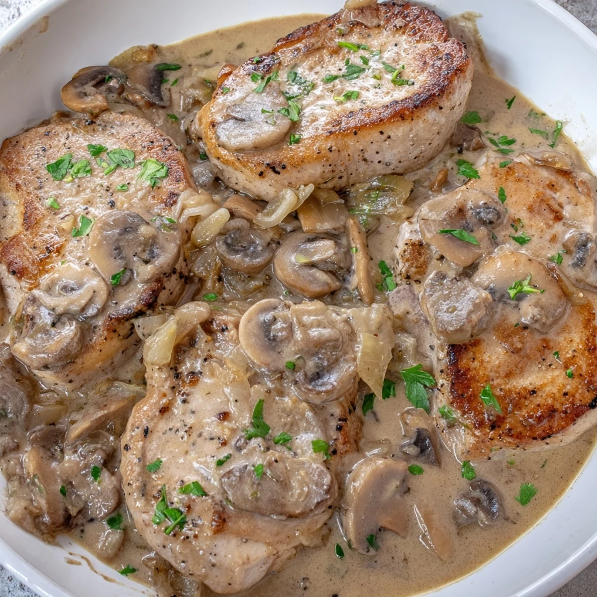 Hearty stove top pork chops with a flavorful cream of mushroom sauce; a comforting, home-cooked meal.