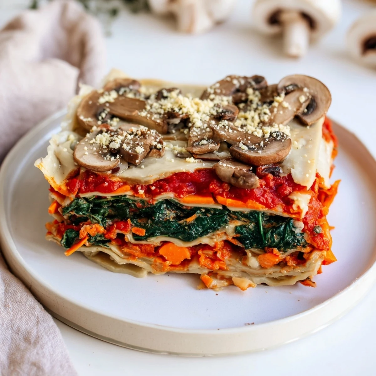 A baked vegan mushroom spinach lasagna with a bubbly golden topping looks delicious.