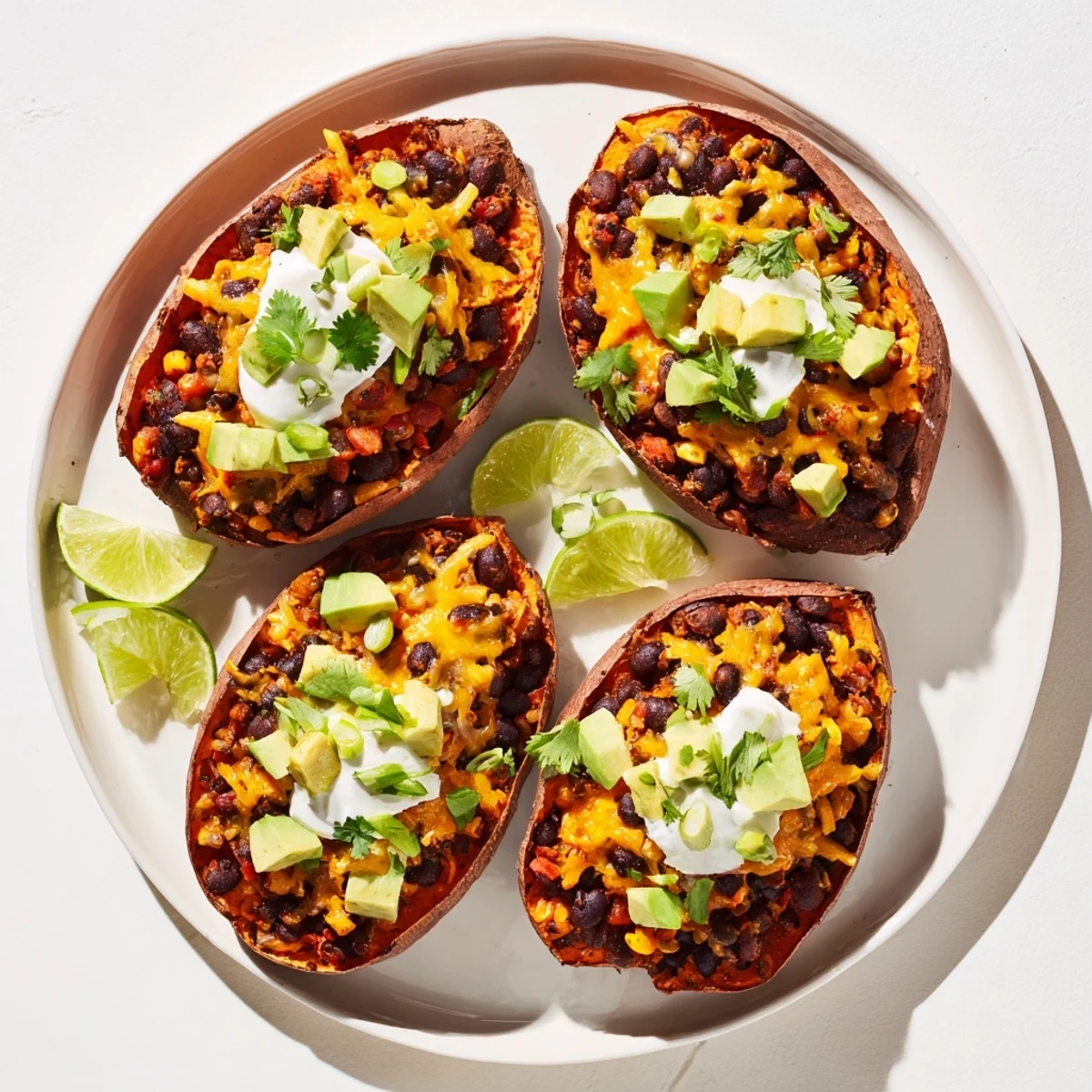 Steaming Loaded Baked Sweet Potatoes, brimming with melted cheese, black beans, and fresh cilantro.