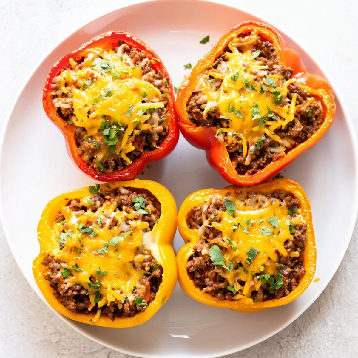Sloppy Joe stuffed bell peppers, baked to golden, bubbly perfection; a family-favorite dinner.