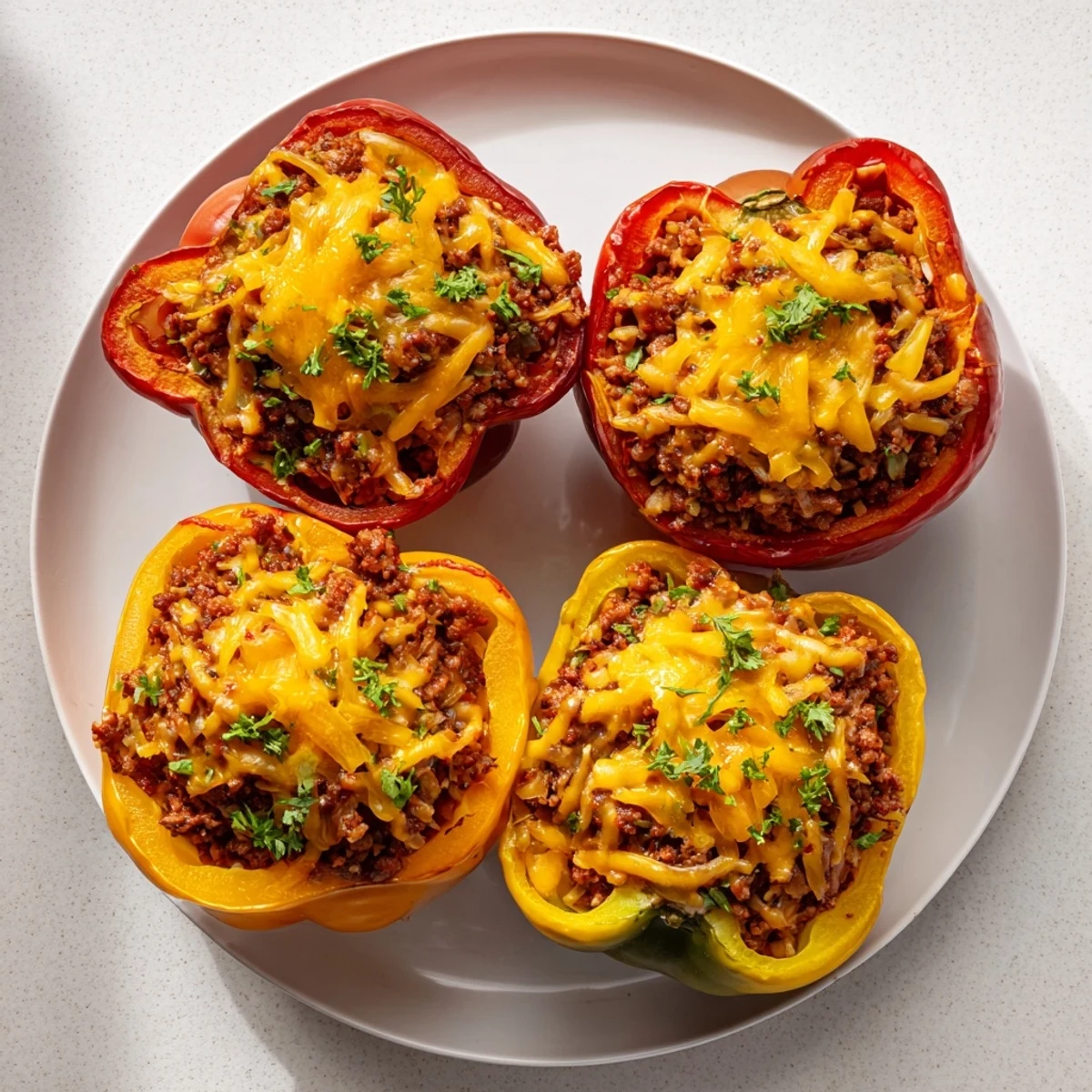 A close-up of a plated Sloppy Joe stuffed bell pepper, ready to eat, with melted cheese and fresh parsley.