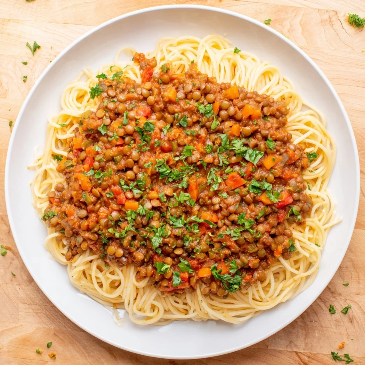 Hearty lentil bolognese, a steaming vegan pasta dish, ready to be served and enjoyed.