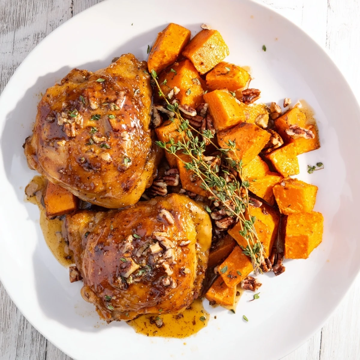 Close up of glazed chicken thighs and sweet potatoes, glistening from the maple syrup's savory sweetness.