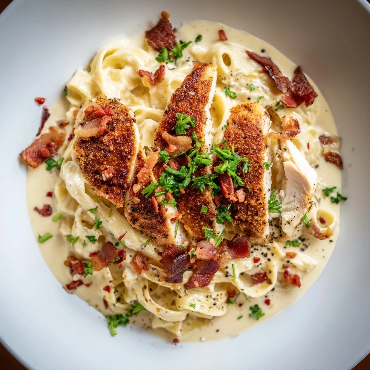 Golden-brown Southern Style Creamy Parmesan Chicken Pasta, a dish with sliced chicken and creamy sauce over pasta.