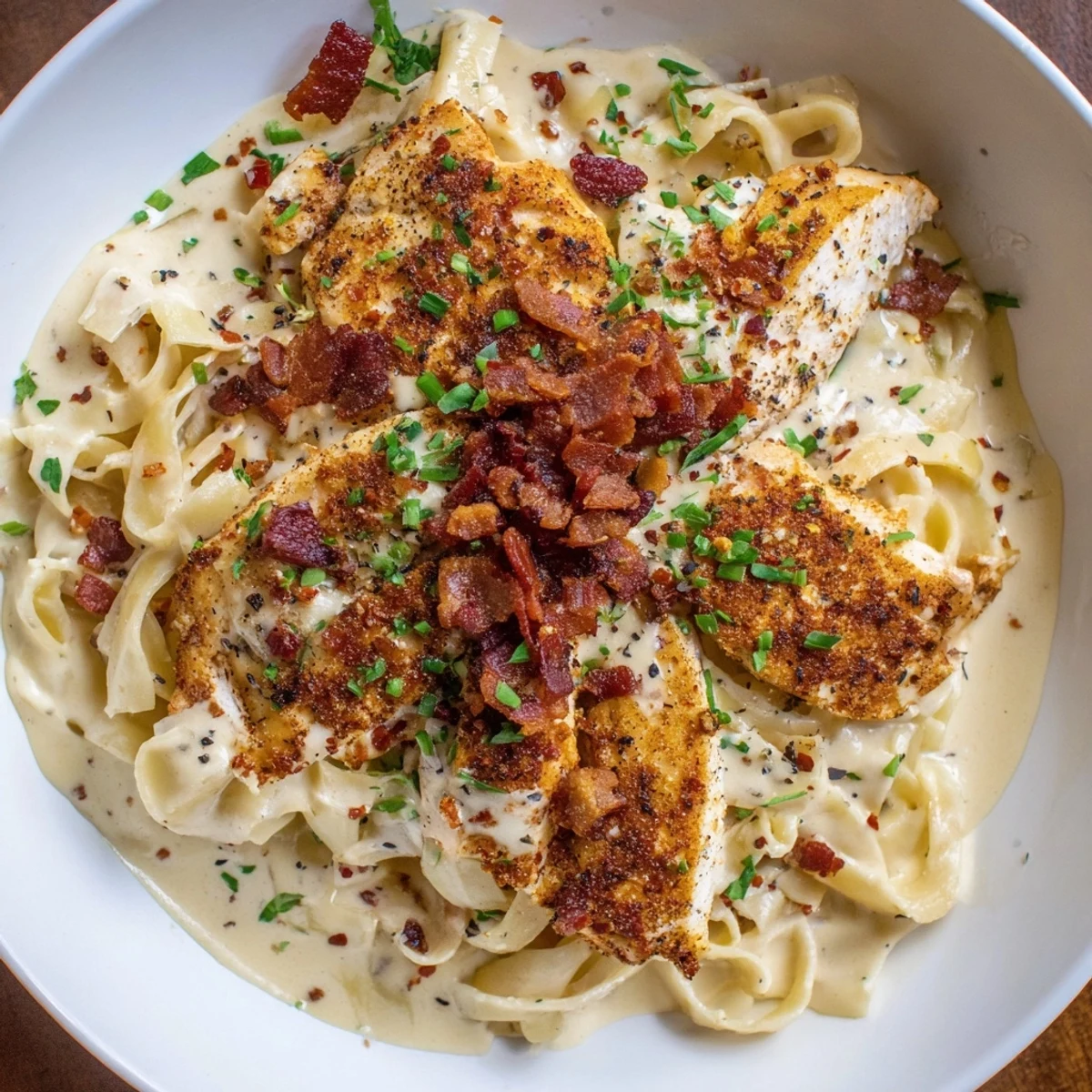 Imagining the flavors: a bowl of Southern Style Creamy Parmesan Chicken Pasta, garnished and ready to eat!