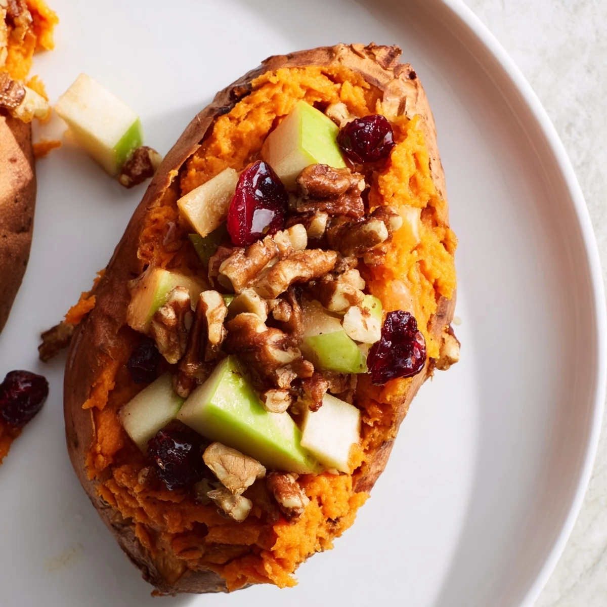 Golden-crusted Cranberry Apple Twice-Baked Sweet Potatoes, bursting with fall flavors and sweet maple glaze.