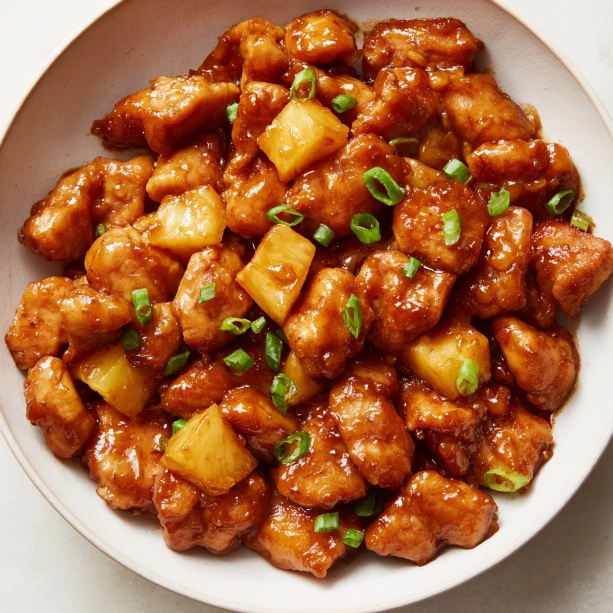 Juicy Brown Sugar Pineapple Chicken, glistening with a vibrant glaze, ready to serve alongside fluffy rice.