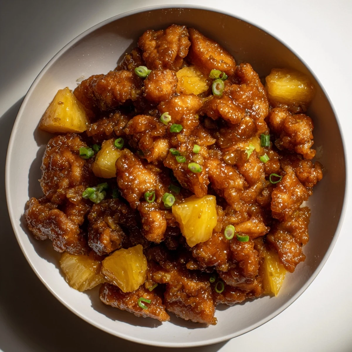 Warm flavors of Brown Sugar Pineapple Chicken simmering, served with fresh green onion garnish, ready to eat.