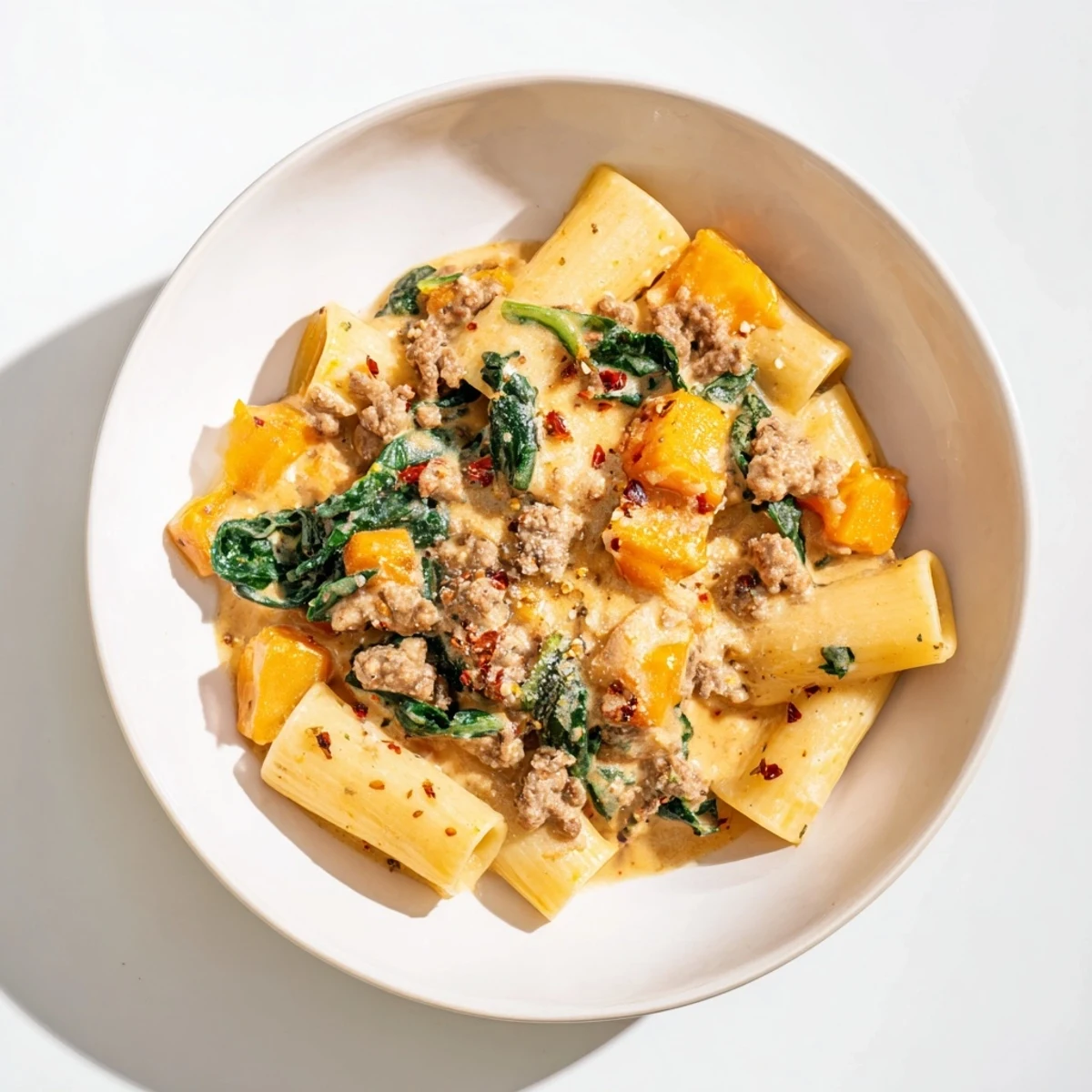 Golden-yellow creamy rigatoni with butternut squash, the perfect taste of Italian comfort food served hot.