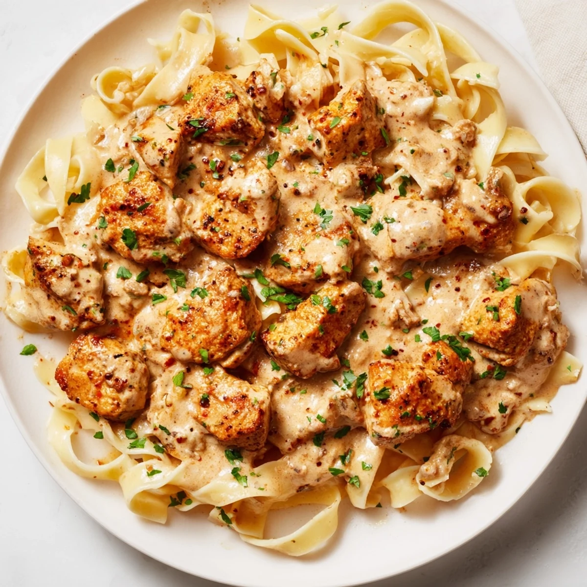 Cowboy Butter Chicken Pasta: A creamy bowl showcasing tender chicken in a vibrant garlic-Parmesan sauce.
