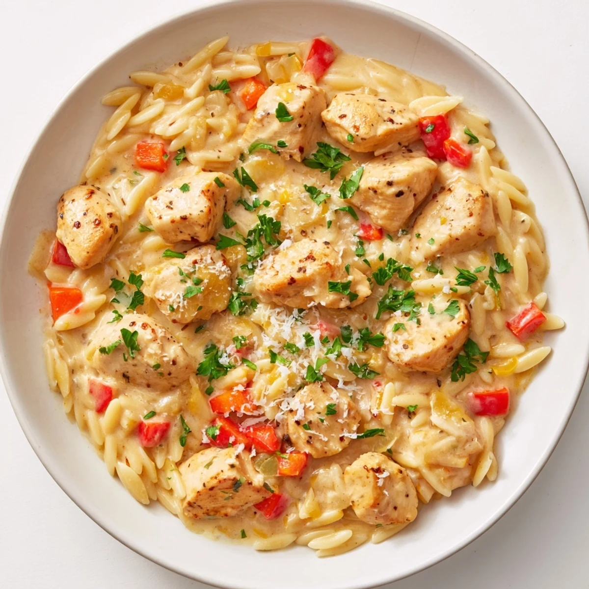 Close-up of golden-brown chicken pieces in a rich one-pot Cajun Chicken Alfredo Orzo, ready to be enjoyed.