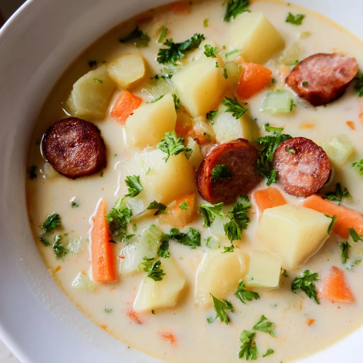 Image shows a close-up of the creamy chorizo potato soup, highlighting its rich textures and flavors.