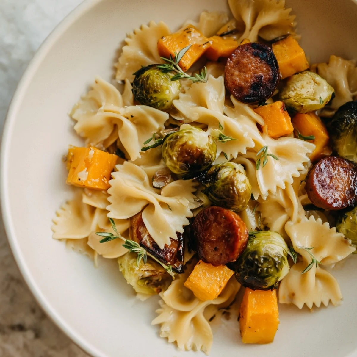 A steaming bowl of Autumn Sausage Pasta Squash with roasted vegetables and savory sausage.