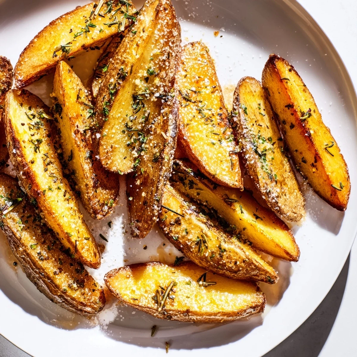 Freshly baked Quick Rosemary Roast Potato Wedges, seasoned with rosemary and garlic, ready to eat alongside a meal.
