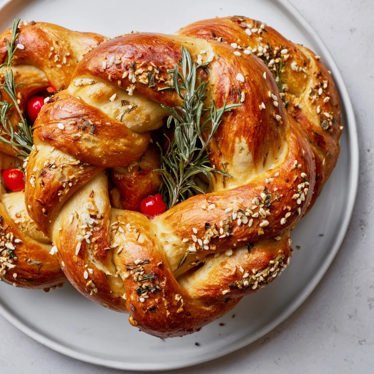 This warm, soft Budget Holiday Pretzel Wreath looks tempting, garnished beautifully with rosemary and tomatoes.