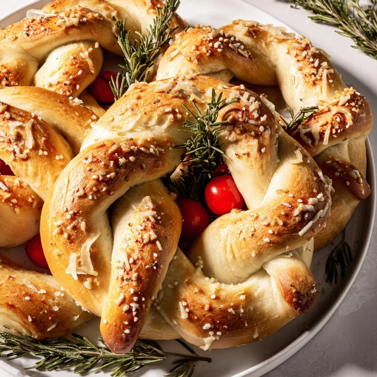 Freshly baked Budget Holiday Pretzel Wreath, glistening and salty, is a stunning appetizer for a party.
