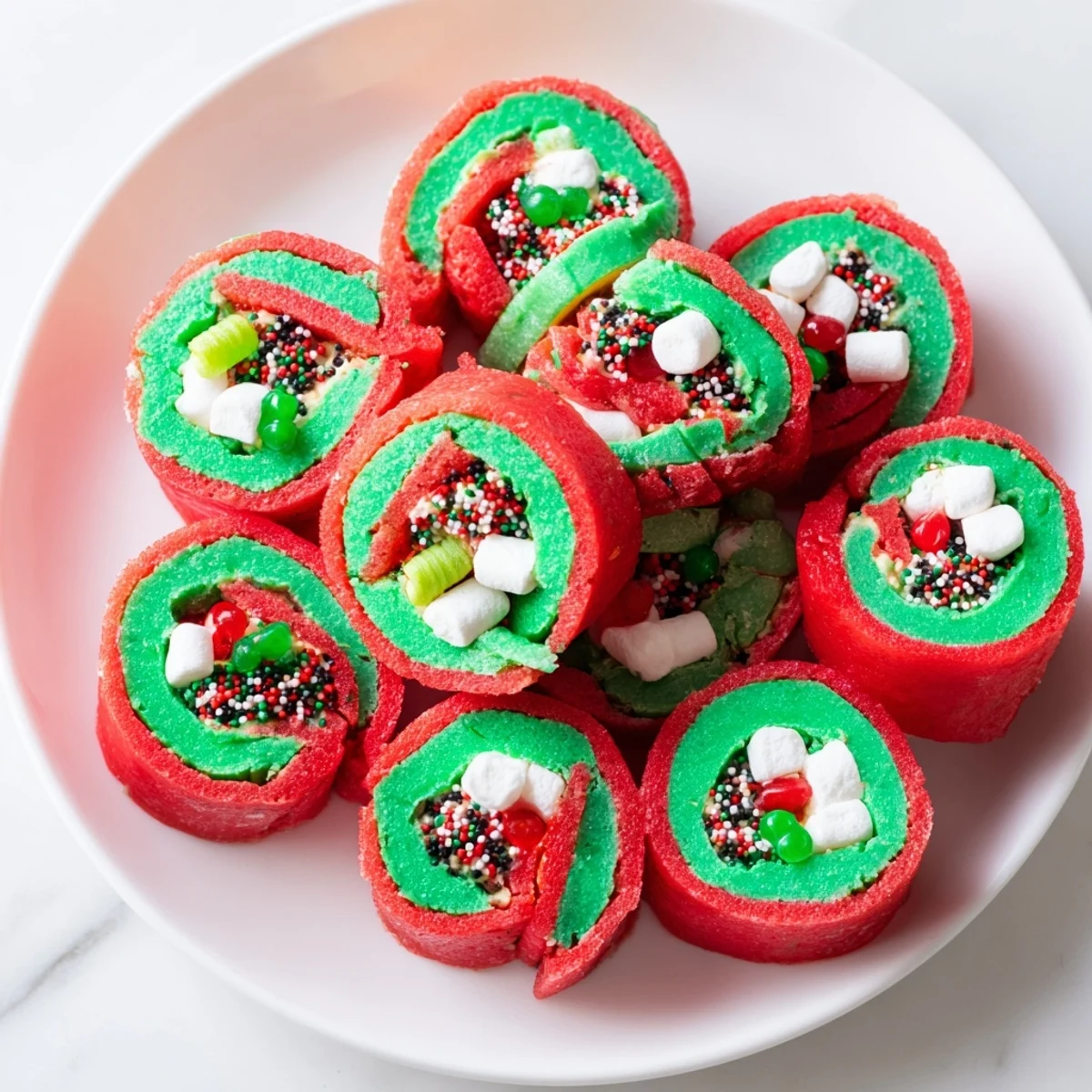 Festive Easy Christmas Fruit Rollup Sushi with colorful candies and chewy fruit rollups.