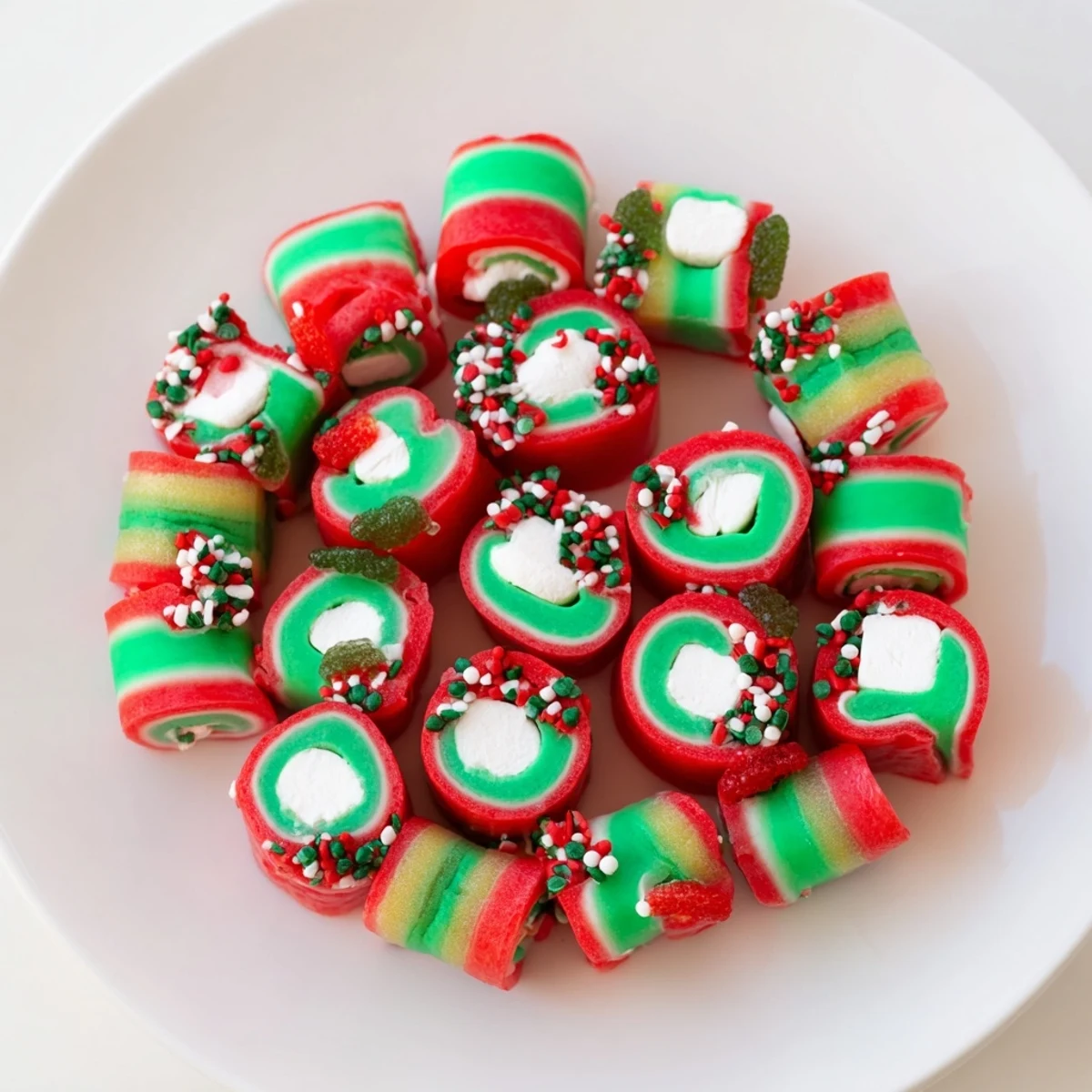 Homemade Easy Christmas Fruit Rollup Sushi, a fun dessert, showcasing vibrant holiday sprinkles and treats.