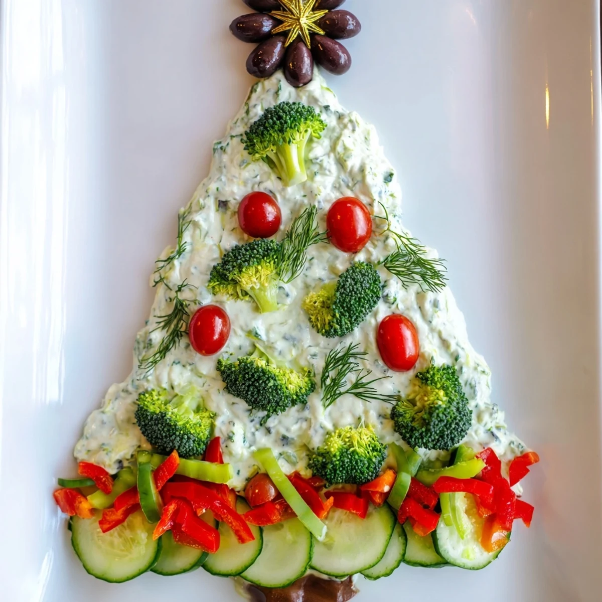 A delicious overhead shot of the Christmas Tree Dip Platter, perfect for a vegetarian appetizer at Christmas parties.