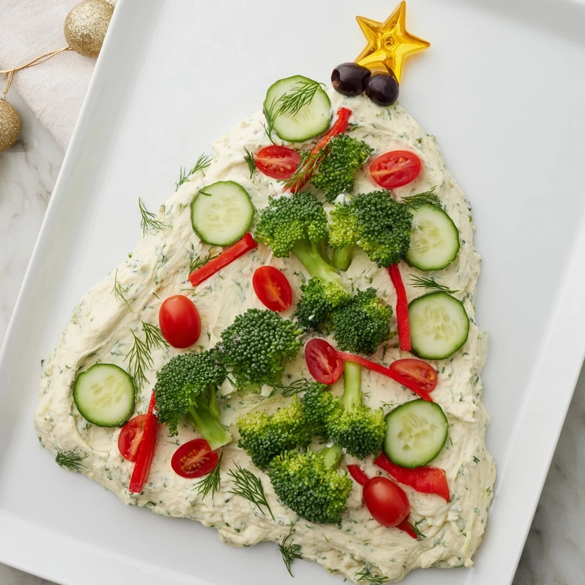 Festive Christmas Tree Dip Platter overflowing with colorful vegetables and creamy herb-infused dip for the holidays.