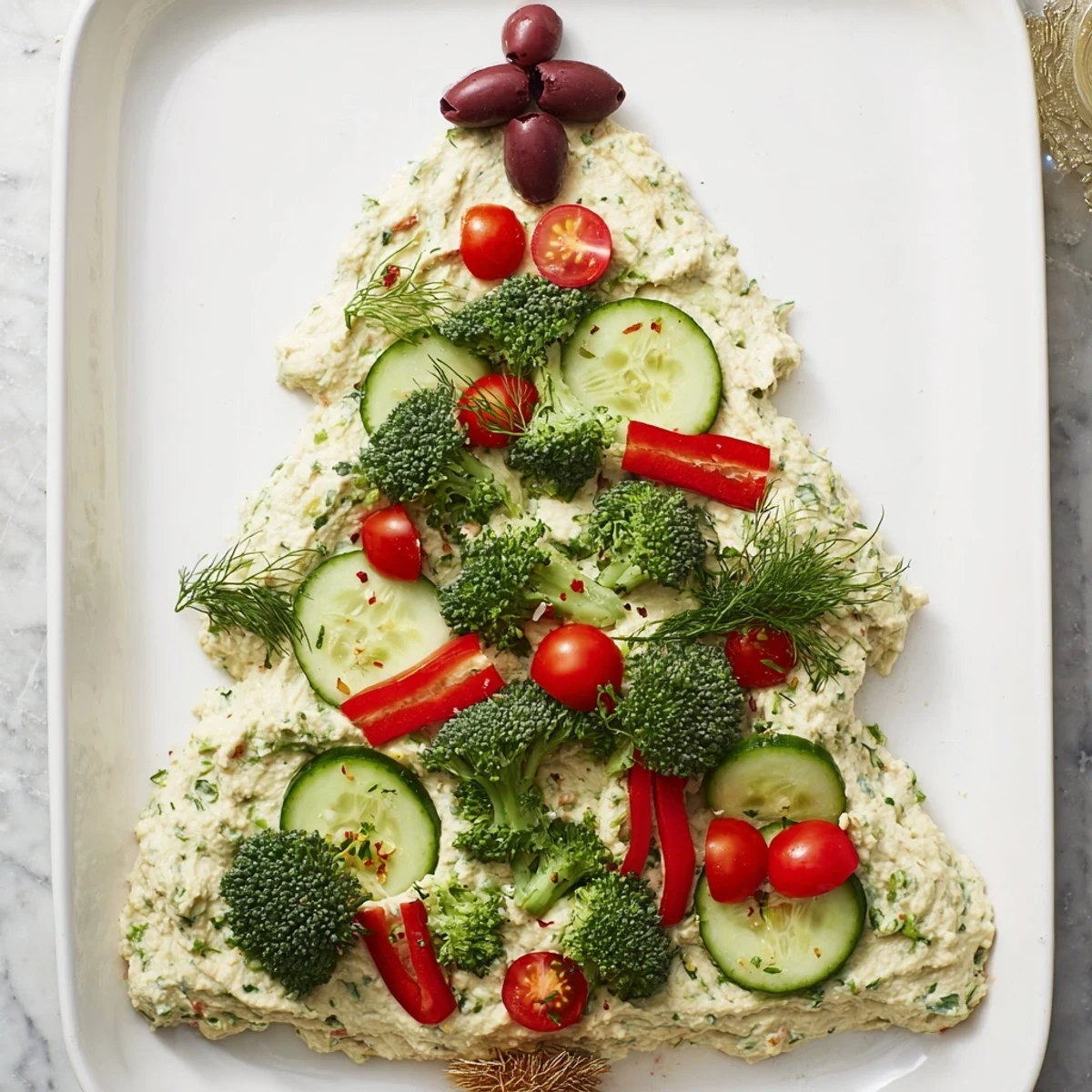 Close-up of a Christmas Tree Dip Platter, showing creamy dip ringed by fresh veggies and crackers, ready to serve.