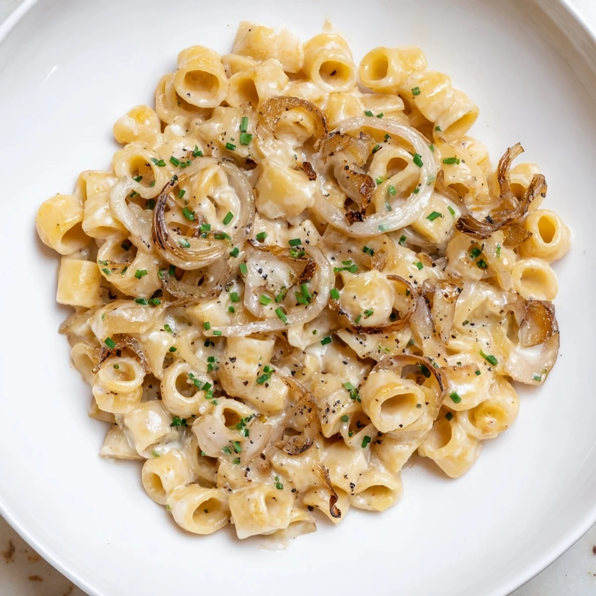Creamy French Onion Ditalini: a cozy bowl filled with pasta and bubbly, melted cheese, ready to enjoy.