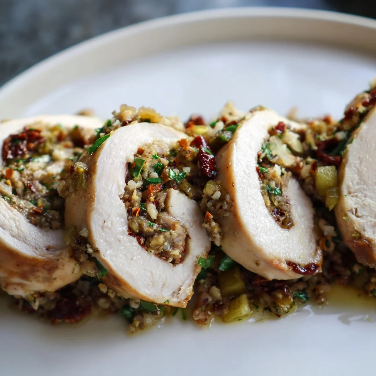 Tender, rolled Marry Me Chicken and Stuffing Roulades, showcasing the juicy chicken and savory stuffing within.