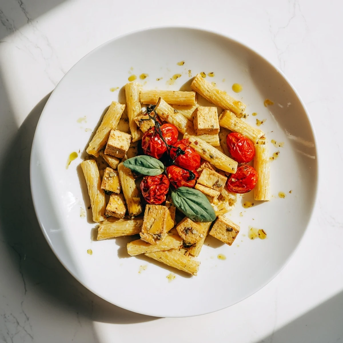 Golden baked tofu feta pasta with roasted tomatoes and fresh basil, a vegan delight.