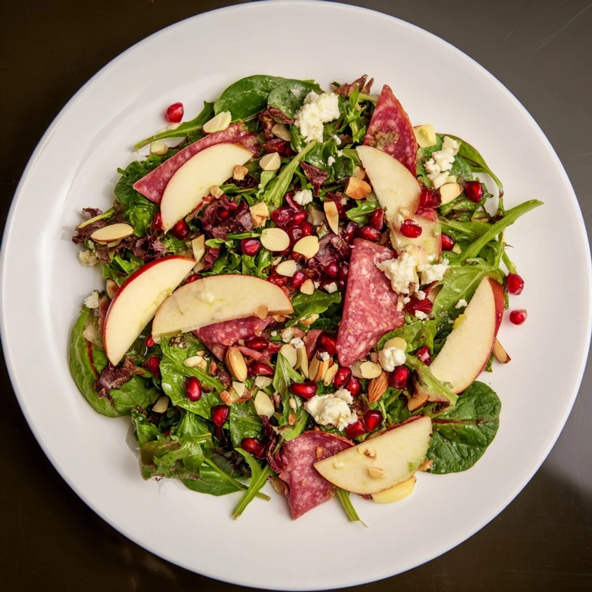A close-up of the Hot Girl Christmas Salad, featuring colorful produce and savory hard salami ribbons.