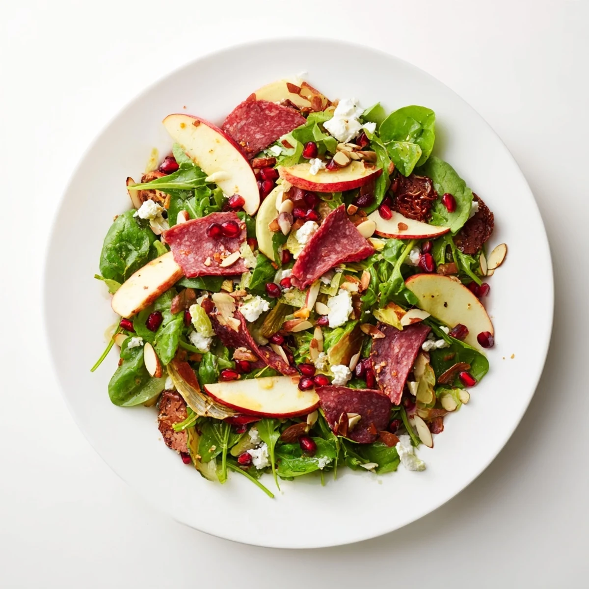 The appealing Hot Girl Christmas Salad is bursting with fresh flavor, including pomegranate and salty salami.