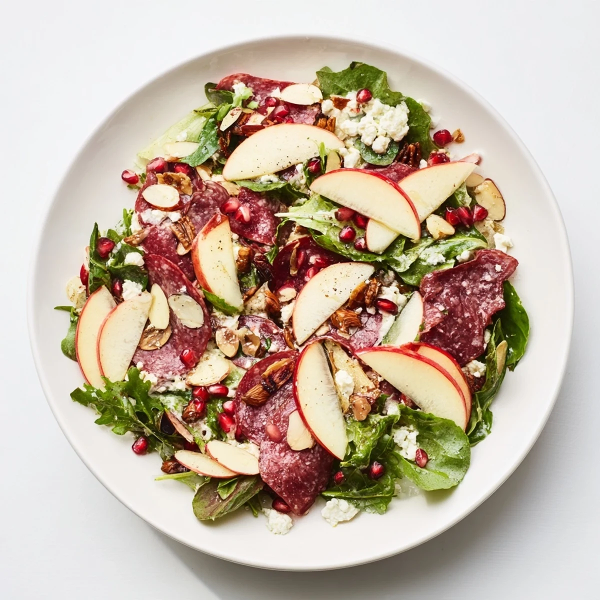 Vibrant mixed greens base with a festive hard salami topping creates this delicious Christmas Salad.