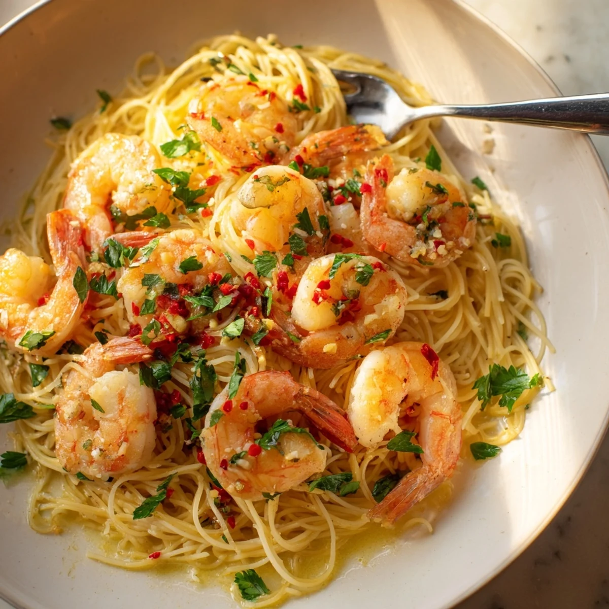 Imagine the aroma: Fresh parsley brightens this One-Skillet Lemon Garlic Shrimp Angel Hair Pasta dish beautifully.