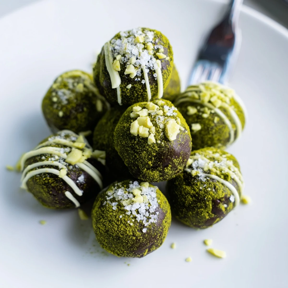 Rich, dark Matcha Dark Chocolate Peppermint Truffles, dusted with vibrant green matcha powder, ready to enjoy.