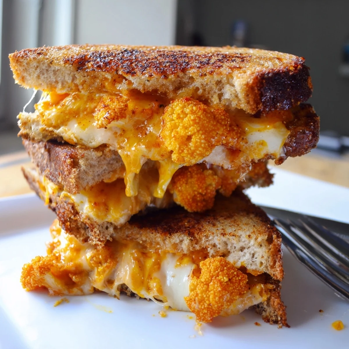 Crispy sourdough bread sandwiching a delicious Buffalo Cauliflower Ranch Grilled Cheese, ready to be enjoyed.