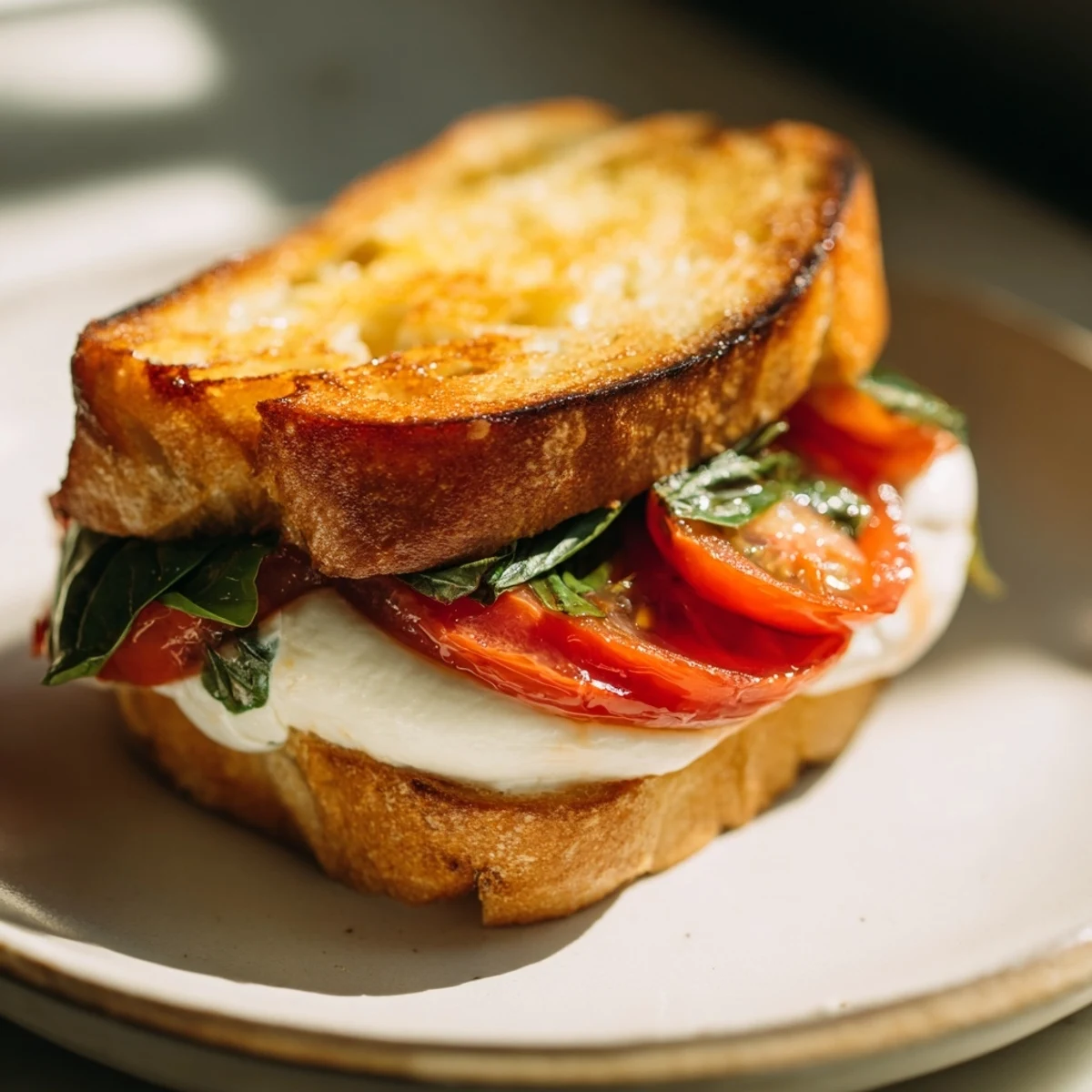 Buttery sourdough enveloping a gooey Tomato Basil Burrata Stuffed Grilled Cheese, ready to eat and enjoy.