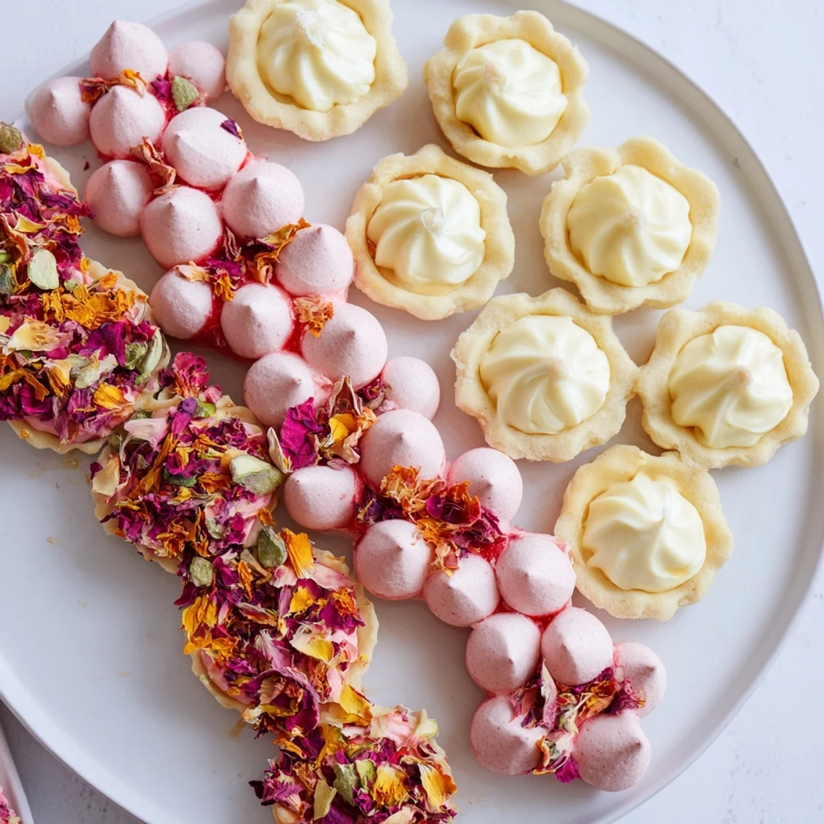 A beautifully arranged Daisy Chain Dessert Tray showcasing colorful cookies, meringues, and chocolate bark.